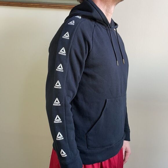 Men’s Reebok Black Pullover Hoodie with Logos and Kangaroo Pocket (Medium) - Picture 5 of 16